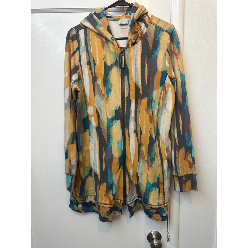 LOGO Lounge Lori Goldstein Abstract Print Zip Up Hoodie Mustard Teal Medium